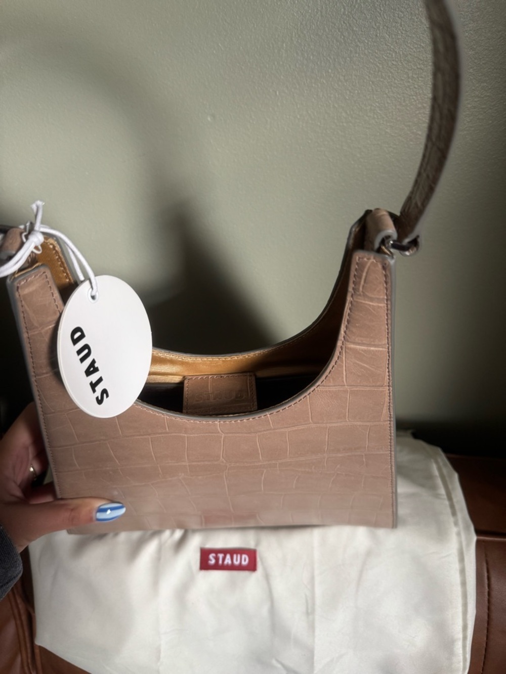 STAUD Croc-Embossed Taupe Leather Shoulder Bag - Picture 4 of 7